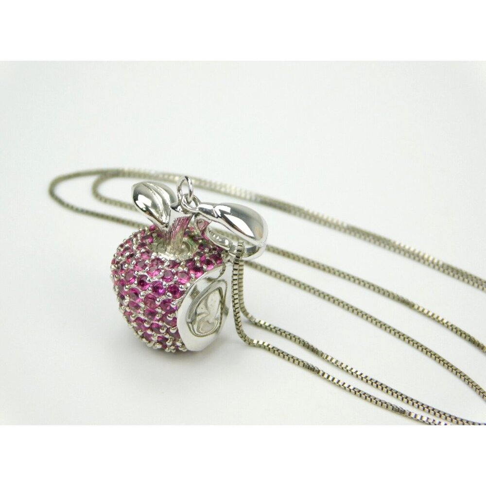 Sterling Silver OTC Pink Pave Ruby Bitten Apple Pendant Necklace on 18" Chain